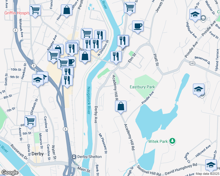 map of restaurants, bars, coffee shops, grocery stores, and more near 14 Mansfield Street in Derby