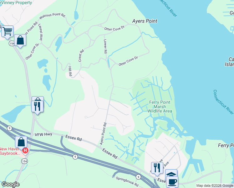 map of restaurants, bars, coffee shops, grocery stores, and more near 96 Ayers Point Road in Old Saybrook
