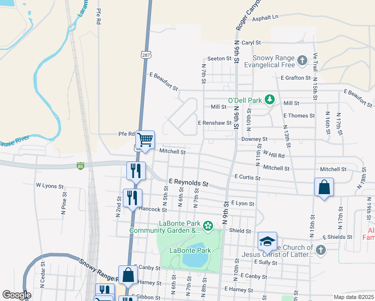 map of restaurants, bars, coffee shops, grocery stores, and more near 603 Mitchell Street in Laramie