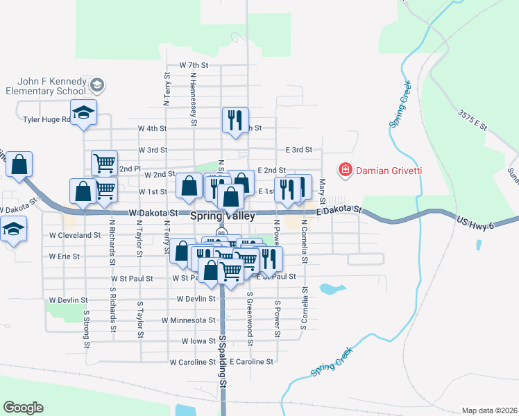 map of restaurants, bars, coffee shops, grocery stores, and more near 210 East Dakota Street in Spring Valley