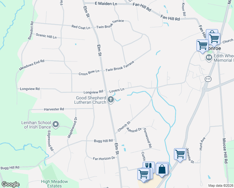 map of restaurants, bars, coffee shops, grocery stores, and more near 51 Lovers Lane in Monroe