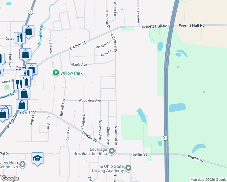 map of restaurants, bars, coffee shops, grocery stores, and more near 275 Bayberry Lane in Cortland