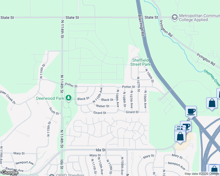 map of restaurants, bars, coffee shops, grocery stores, and more near 10909 Potter Street in Omaha