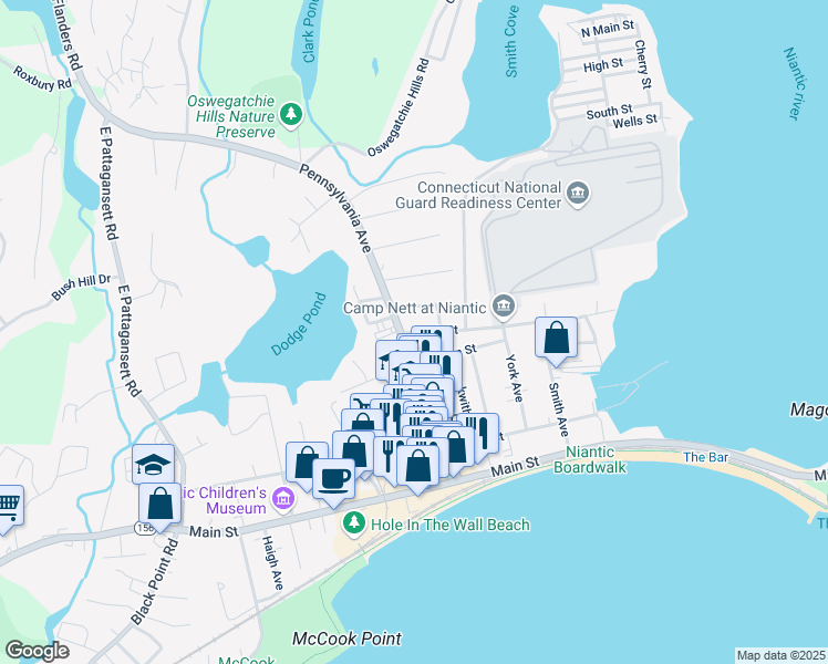 map of restaurants, bars, coffee shops, grocery stores, and more near 46 Smith Street in East Lyme
