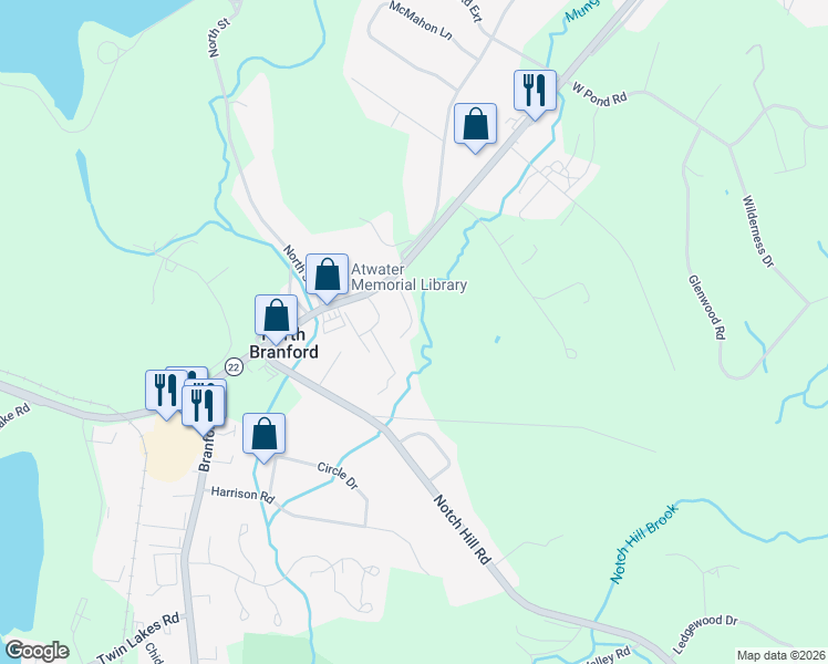 map of restaurants, bars, coffee shops, grocery stores, and more near 1739 Foxon Road in North Branford