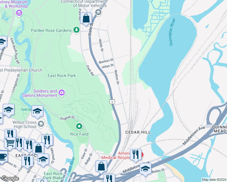 map of restaurants, bars, coffee shops, grocery stores, and more near 130 Welton Street in Hamden