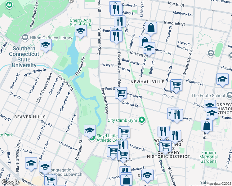 map of restaurants, bars, coffee shops, grocery stores, and more near 16 Ford Street in New Haven