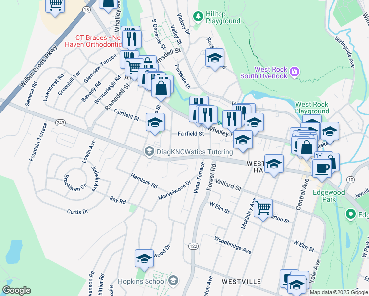 map of restaurants, bars, coffee shops, grocery stores, and more near 345 Fountain Street in New Haven