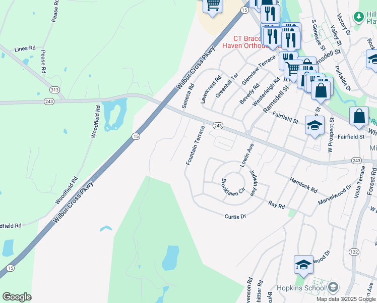 map of restaurants, bars, coffee shops, grocery stores, and more near 60 Fountain Terrace in New Haven