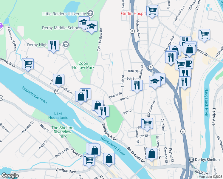 map of restaurants, bars, coffee shops, grocery stores, and more near 11 Summit Street in Derby