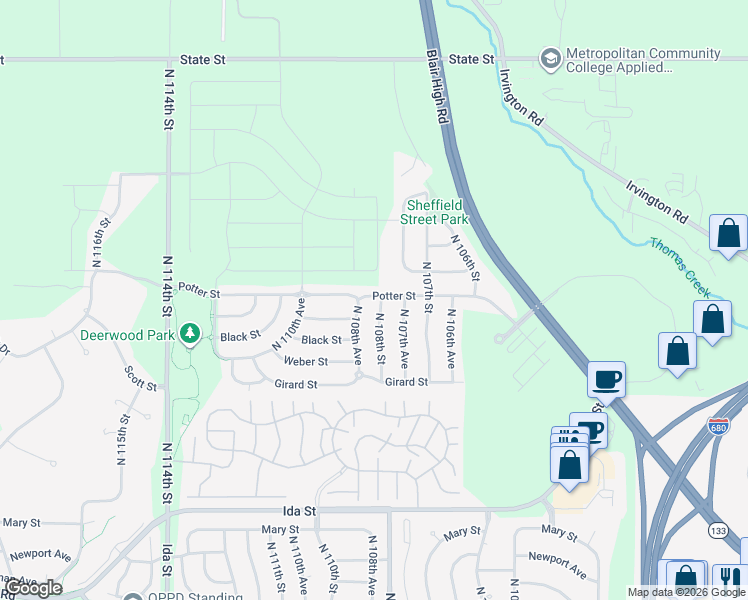 map of restaurants, bars, coffee shops, grocery stores, and more near 10828 Potter Street in Omaha