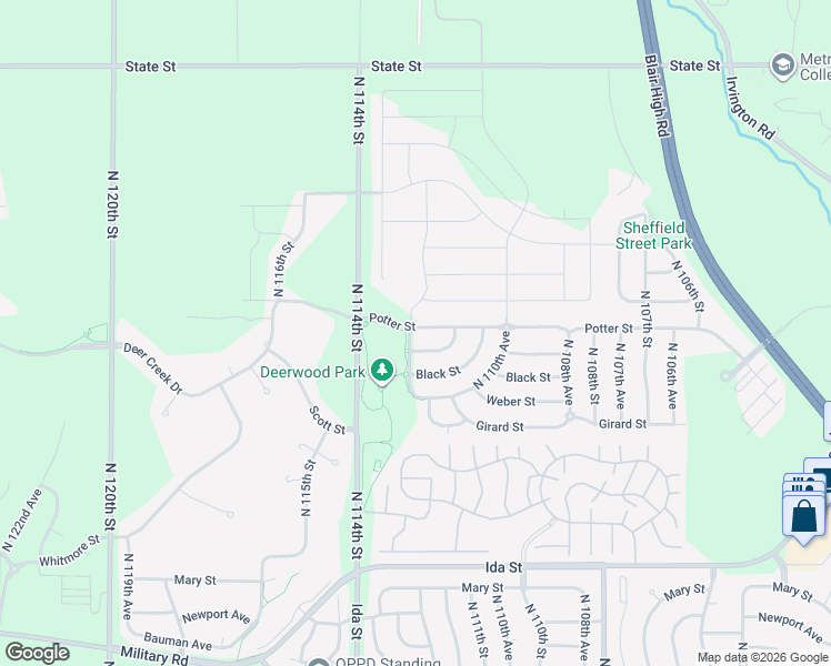 map of restaurants, bars, coffee shops, grocery stores, and more near 11209 Potter Street in Omaha
