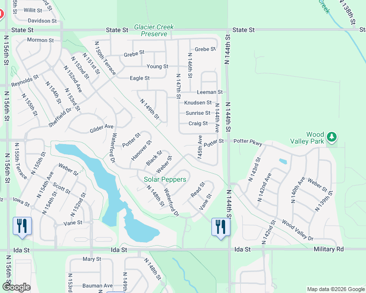 map of restaurants, bars, coffee shops, grocery stores, and more near 14570 Potter Circle in Bennington