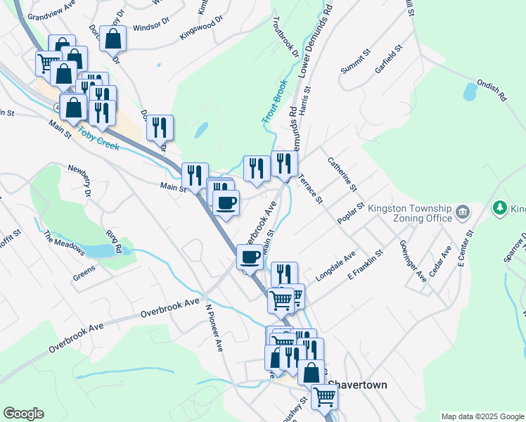 map of restaurants, bars, coffee shops, grocery stores, and more near 168 Overbrook Avenue in Shavertown