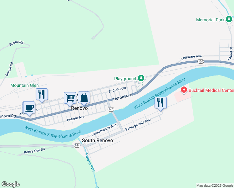 map of restaurants, bars, coffee shops, grocery stores, and more near 148 13th Street in Renovo