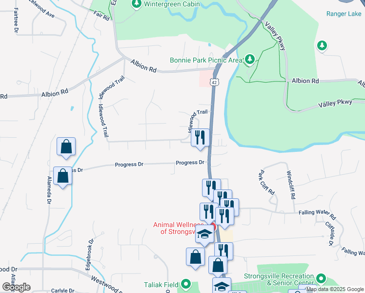 map of restaurants, bars, coffee shops, grocery stores, and more near 19385 Co Moor Boulevard in Strongsville