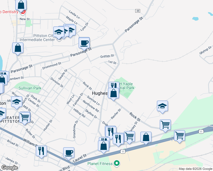 map of restaurants, bars, coffee shops, grocery stores, and more near 60 Cemetery Street in Hughestown
