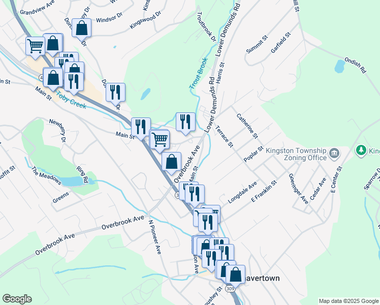 map of restaurants, bars, coffee shops, grocery stores, and more near 166 East Overbrook Avenue in Shavertown
