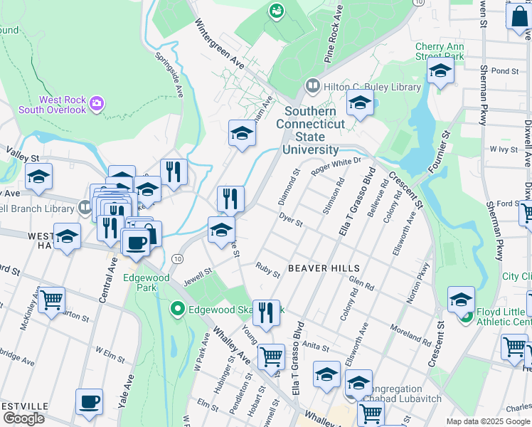 map of restaurants, bars, coffee shops, grocery stores, and more near in New Haven