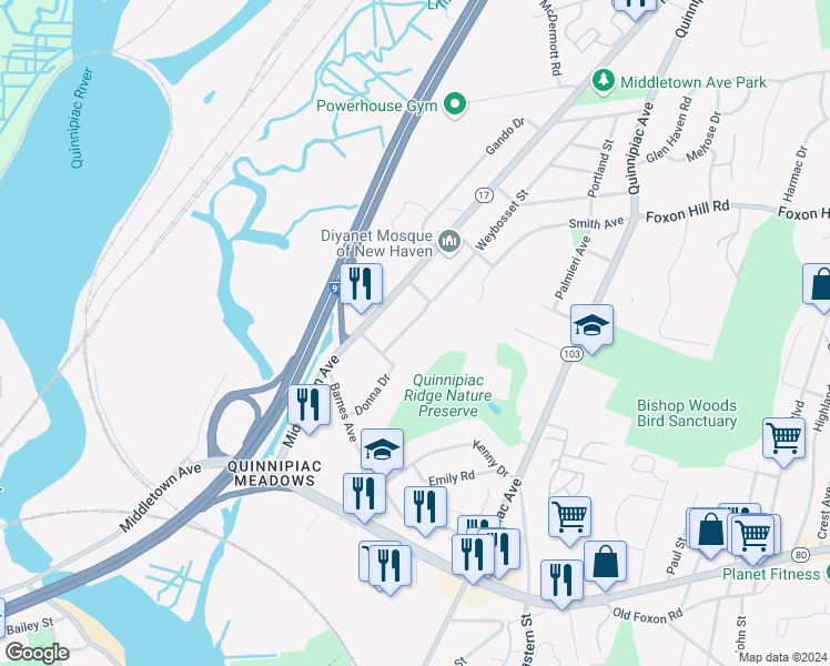 map of restaurants, bars, coffee shops, grocery stores, and more near 41 Weybosset Street in New Haven