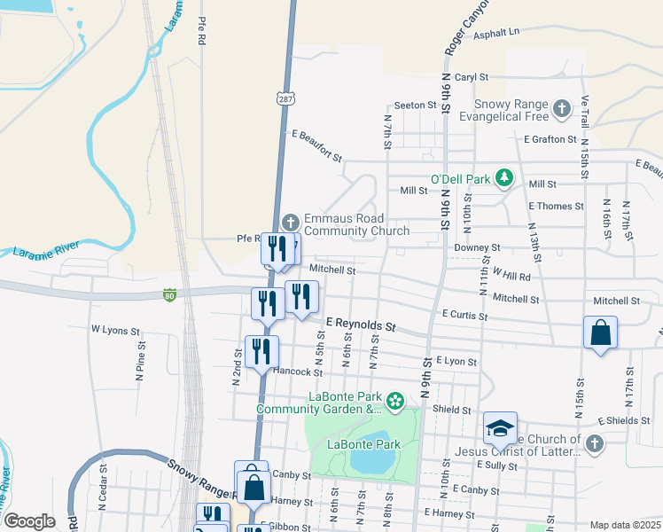 map of restaurants, bars, coffee shops, grocery stores, and more near 405 East Mitchell Street in Laramie