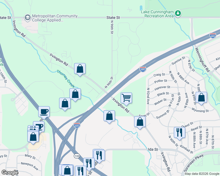 map of restaurants, bars, coffee shops, grocery stores, and more near 7623 Irvington Road in Omaha