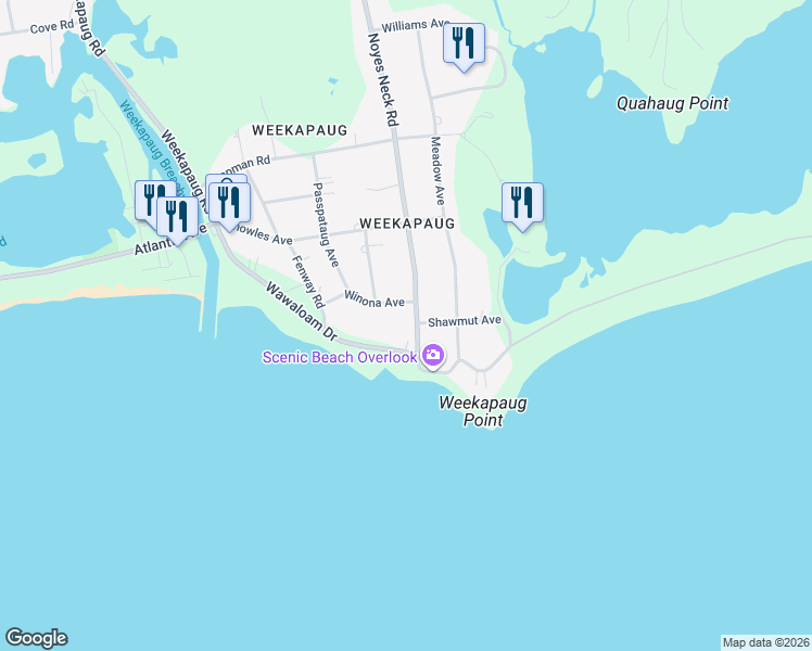 map of restaurants, bars, coffee shops, grocery stores, and more near 101 Noyes Neck Road in Westerly