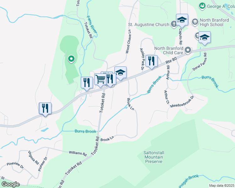 map of restaurants, bars, coffee shops, grocery stores, and more near 335 Foxon Road in North Branford