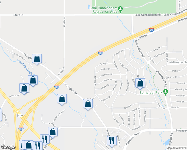 map of restaurants, bars, coffee shops, grocery stores, and more near 7514 North 92nd Avenue in Omaha