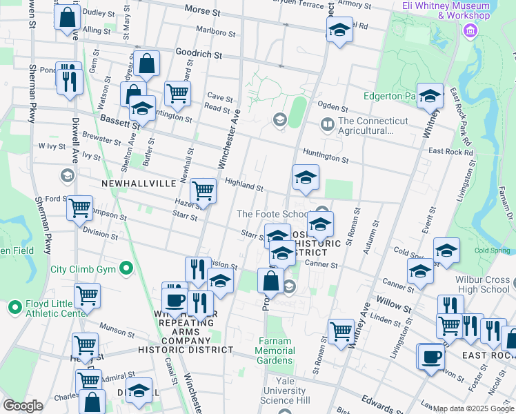 map of restaurants, bars, coffee shops, grocery stores, and more near 45 Sheldon Terrace in New Haven