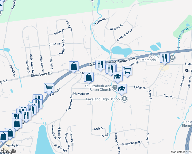 map of restaurants, bars, coffee shops, grocery stores, and more near 1474 Iroquois Street in Shrub Oak