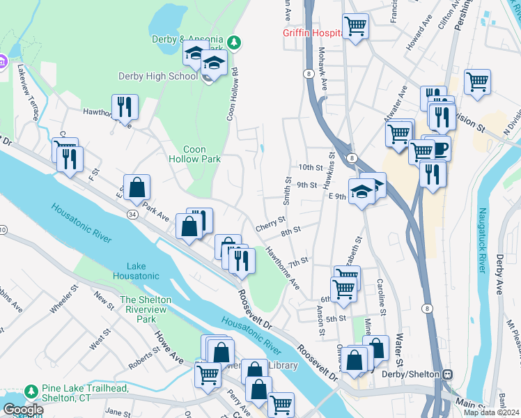 map of restaurants, bars, coffee shops, grocery stores, and more near 12 Summit Street in Derby
