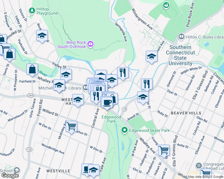map of restaurants, bars, coffee shops, grocery stores, and more near 446A Blake Street in New Haven