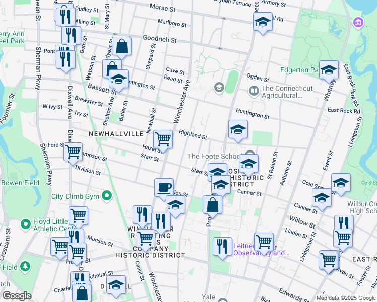 map of restaurants, bars, coffee shops, grocery stores, and more near 144 Sheffield Avenue in New Haven