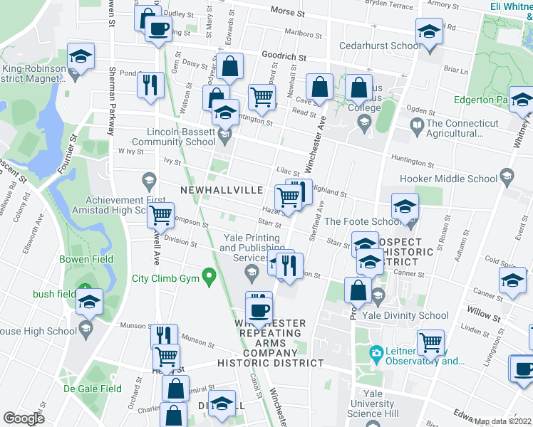 map of restaurants, bars, coffee shops, grocery stores, and more near 151 Newhall Street in New Haven