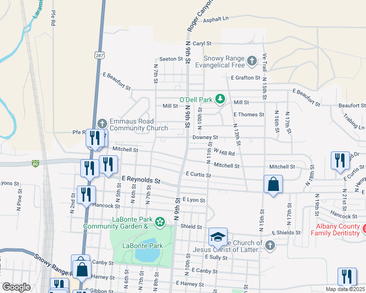map of restaurants, bars, coffee shops, grocery stores, and more near 1858 North 9th Street in Laramie