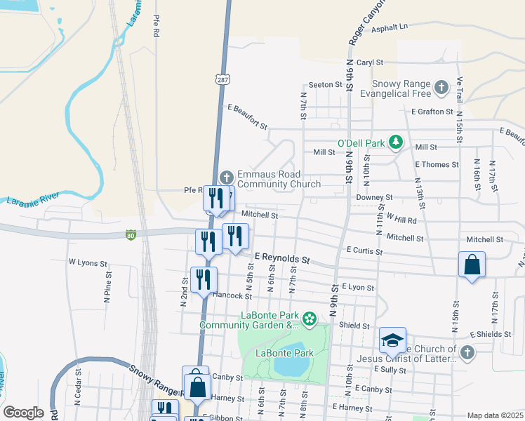 map of restaurants, bars, coffee shops, grocery stores, and more near 529 Mitchell Street in Laramie