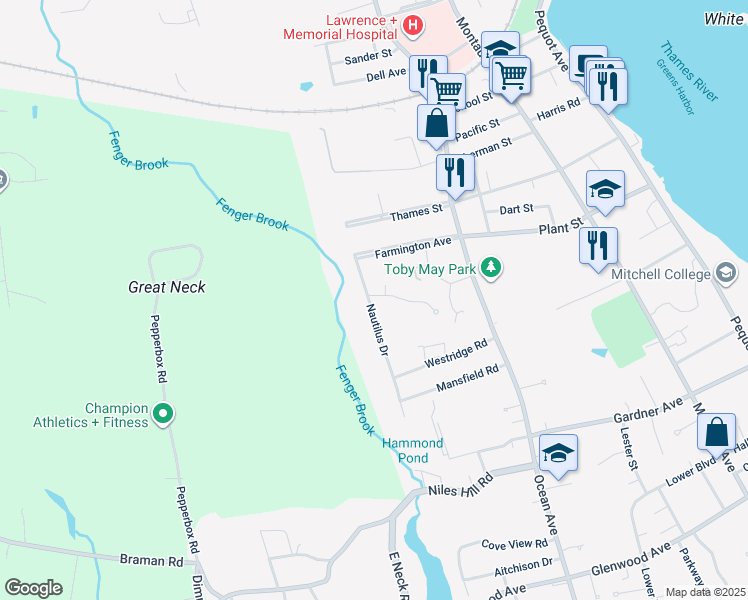 map of restaurants, bars, coffee shops, grocery stores, and more near 177 Nautilus Drive in New London