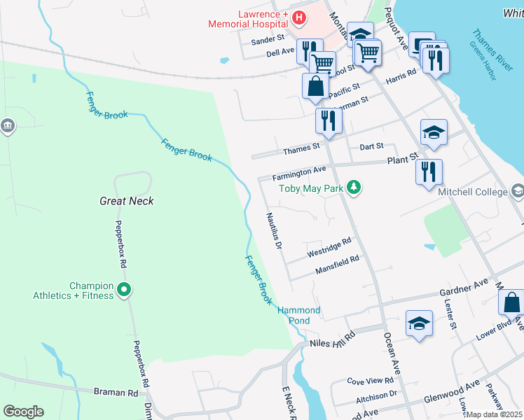 map of restaurants, bars, coffee shops, grocery stores, and more near 177 Nautilus Drive in New London