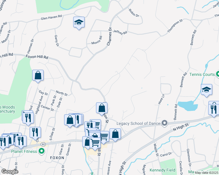 map of restaurants, bars, coffee shops, grocery stores, and more near 183a Thompson Street in East Haven