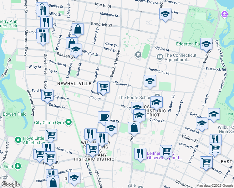 map of restaurants, bars, coffee shops, grocery stores, and more near 144 Sheffield Avenue in New Haven