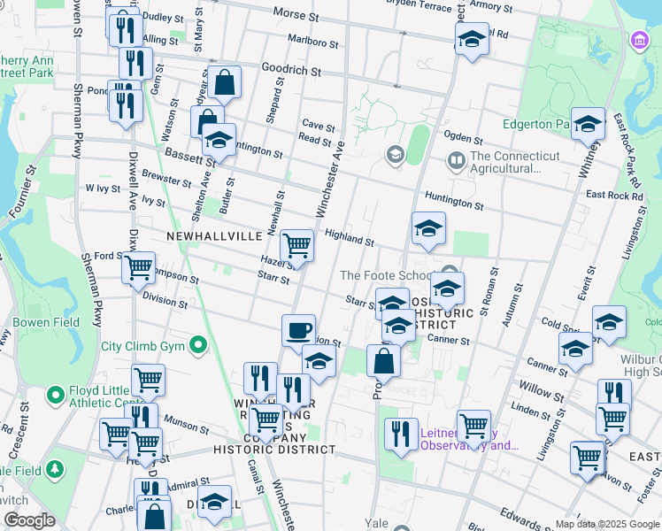 map of restaurants, bars, coffee shops, grocery stores, and more near 144 Sheffield Avenue in New Haven