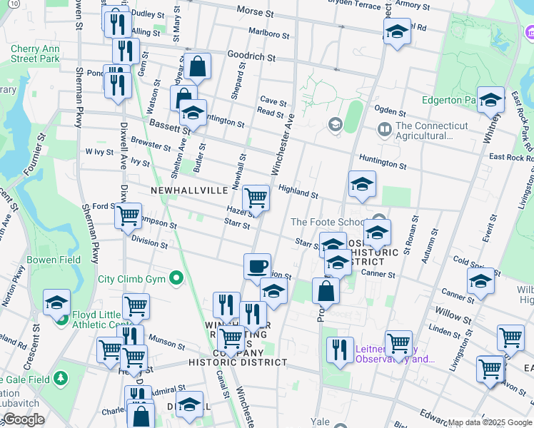 map of restaurants, bars, coffee shops, grocery stores, and more near 593 Winchester Avenue in New Haven
