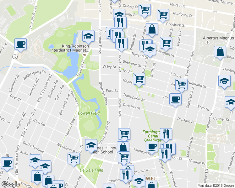 map of restaurants, bars, coffee shops, grocery stores, and more near 16 Ford Street in New Haven