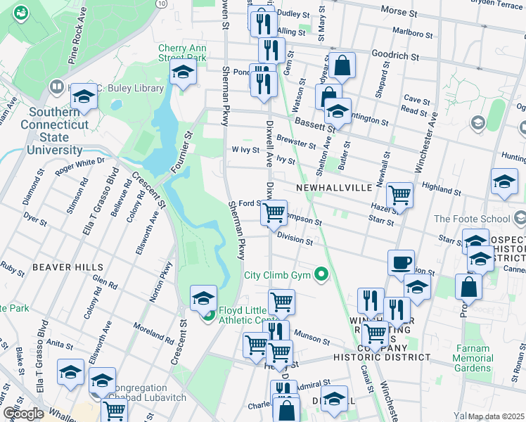 map of restaurants, bars, coffee shops, grocery stores, and more near 16 Ford Street in New Haven