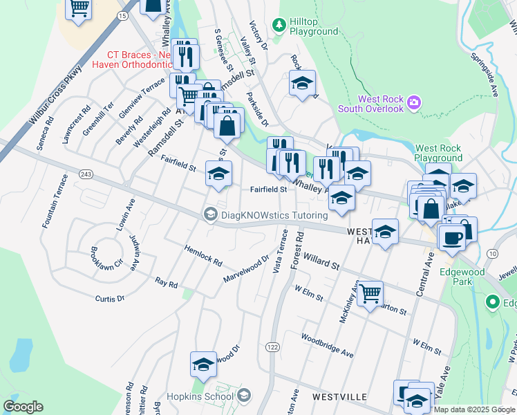 map of restaurants, bars, coffee shops, grocery stores, and more near 345 Fountain Street in New Haven