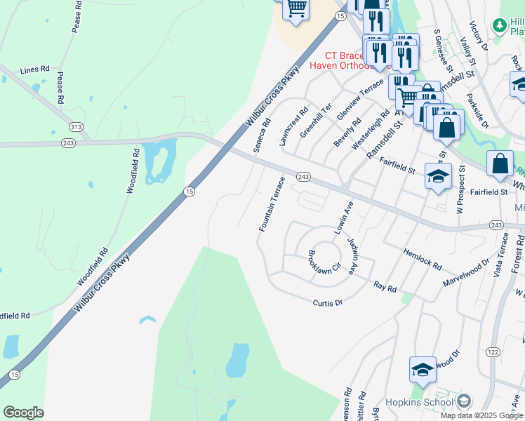map of restaurants, bars, coffee shops, grocery stores, and more near 60 Fountain Terrace in New Haven