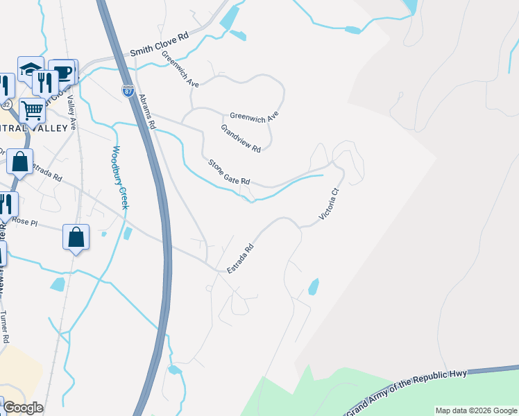 map of restaurants, bars, coffee shops, grocery stores, and more near Carla Lane in Woodbury