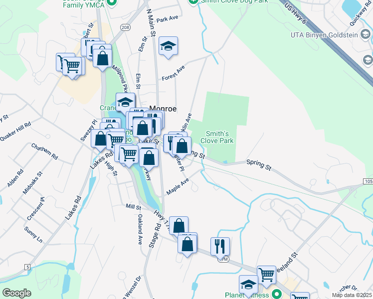 map of restaurants, bars, coffee shops, grocery stores, and more near 112 County Route 105 in Monroe