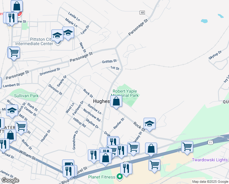 map of restaurants, bars, coffee shops, grocery stores, and more near 60-88 Cemetery Street in Hughestown